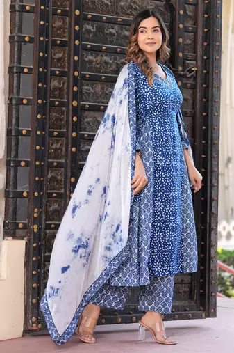 Blue rayon printed & embroidred work anarkali kurta bottom dupatta set