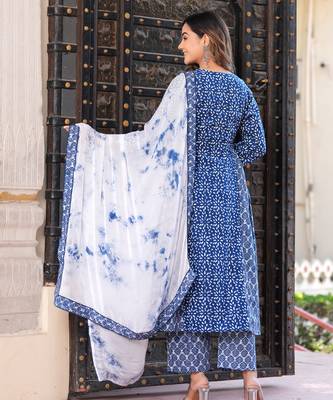 Blue rayon printed & embroidred work anarkali kurta bottom dupatta set 3