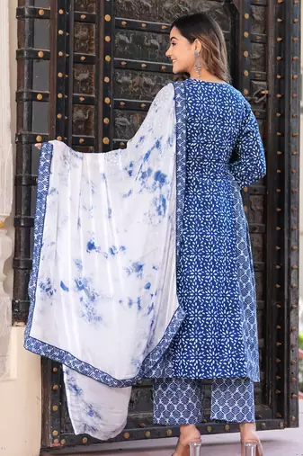 Blue rayon printed & embroidred work anarkali kurta bottom dupatta set