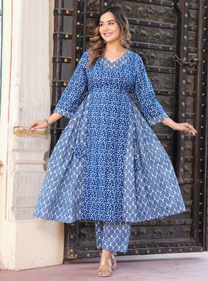 Blue rayon printed & embroidred work anarkali kurta bottom dupatta set 4