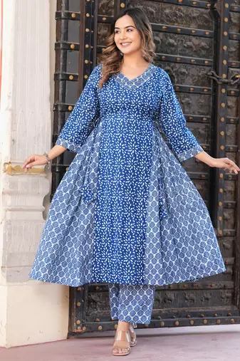 Blue rayon printed & embroidred work anarkali kurta bottom dupatta set