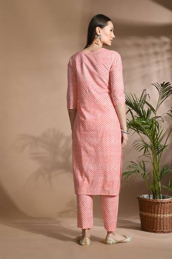 Pink cotton printed & embroidred work kurta bottom dupatta set
