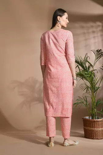Pink cotton printed & embroidred work kurta bottom dupatta set