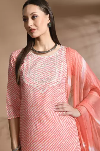 Pink cotton printed & embroidred work kurta bottom dupatta set