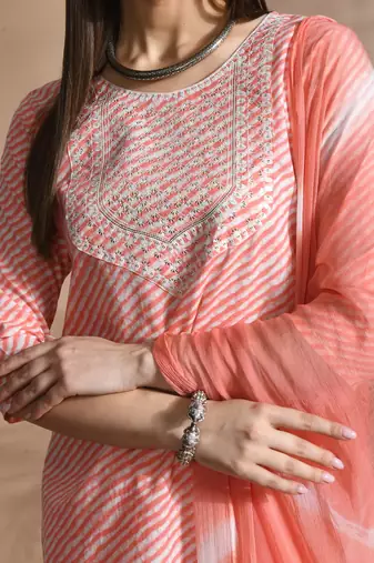 Pink cotton printed & embroidred work kurta bottom dupatta set