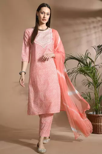 Pink cotton printed & embroidred work kurta bottom dupatta set