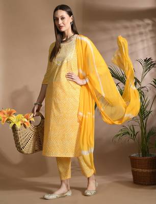 Yellow cotton printed & embroidred work kurta bottom dupatta set 1
