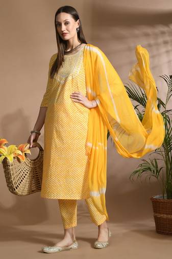 Yellow cotton printed & embroidred work kurta bottom dupatta set
