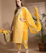 Yellow cotton printed & embroidred work kurta bottom dupatta set