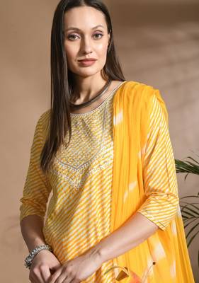 Yellow cotton printed & embroidred work kurta bottom dupatta set 2