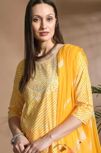 Yellow cotton printed & embroidred work kurta bottom dupatta set