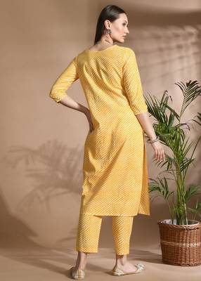 Yellow cotton printed & embroidred work kurta bottom dupatta set 3
