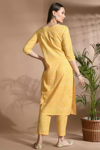 Yellow cotton printed & embroidred work kurta bottom dupatta set
