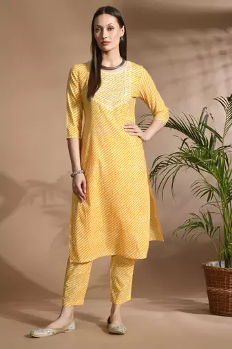 Yellow cotton printed & embroidred work kurta bottom dupatta set