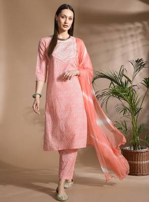 Yellow cotton printed & embroidred work kurta bottom dupatta set 5