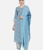 Blue rayon printed & trim work kurta bottom dupatta set
