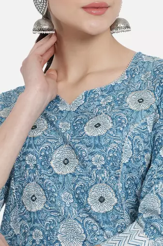 Blue rayon printed & trim work kurta bottom dupatta set
