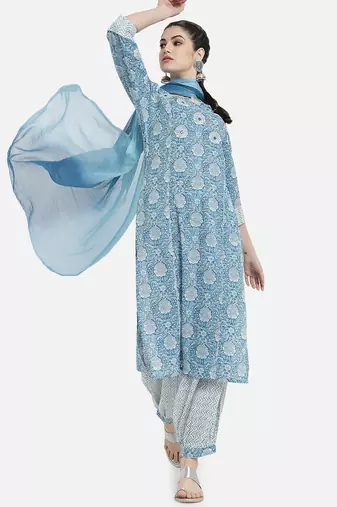 Blue rayon printed & trim work kurta bottom dupatta set