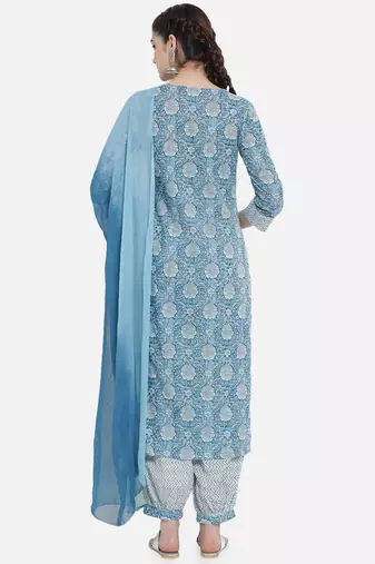 Blue rayon printed & trim work kurta bottom dupatta set