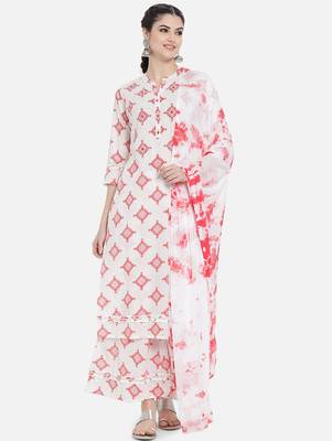 Red cotton printed & trim work kurta bottom dupatta set 1