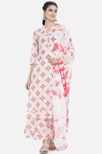 Red cotton printed & trim work kurta bottom dupatta set