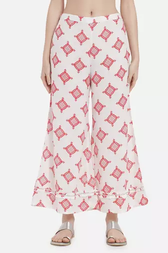 Red cotton printed & trim work kurta bottom dupatta set