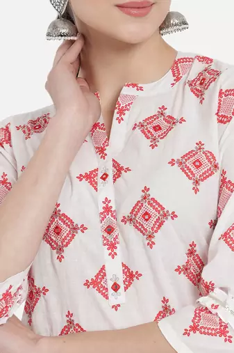 Red cotton printed & trim work kurta bottom dupatta set