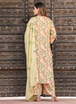 Yellow rayon printed & gota patti work kurta bottom dupatta set 1