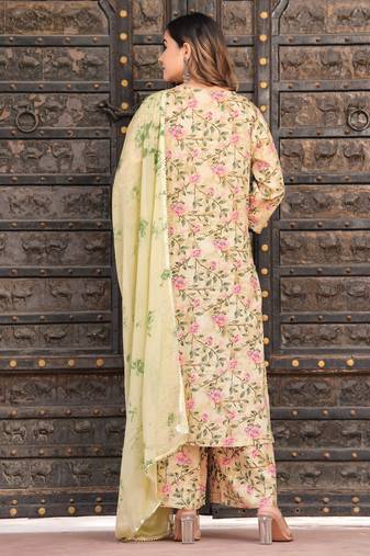 Yellow rayon printed & gota patti work kurta bottom dupatta set