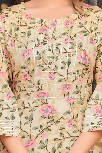 Yellow rayon printed & gota patti work kurta bottom dupatta set