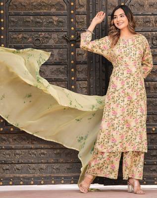Yellow rayon printed & gota patti work kurta bottom dupatta set 3