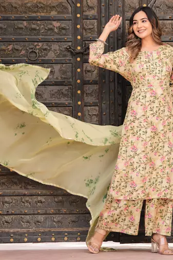 Yellow rayon printed & gota patti work kurta bottom dupatta set