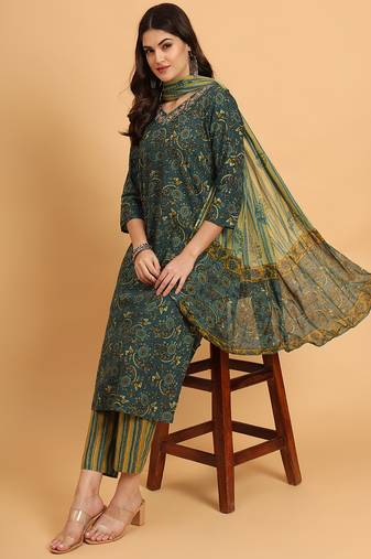 Green cotton printed & embroidred work kurta bottom dupatta set