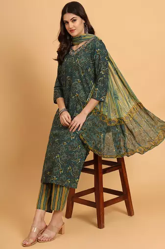 Green cotton printed & embroidred work kurta bottom dupatta set