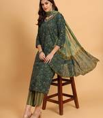 Green cotton printed & embroidred work kurta bottom dupatta set
