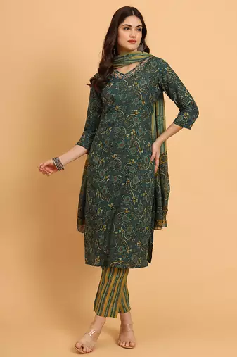 Green cotton printed & embroidred work kurta bottom dupatta set