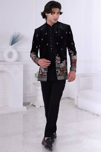 Black velvet embroidered indo western for mens