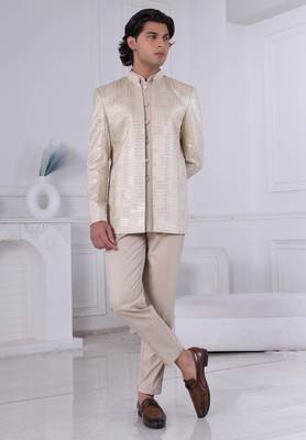 White silk embroidered indo western for mens 1
