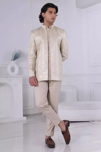 White silk embroidered indo western for mens