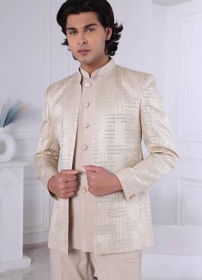White silk embroidered indo western for mens 2