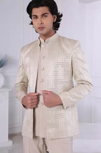 White silk embroidered indo western for mens