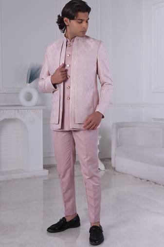 Pink jacquard embroidered indo western for mens