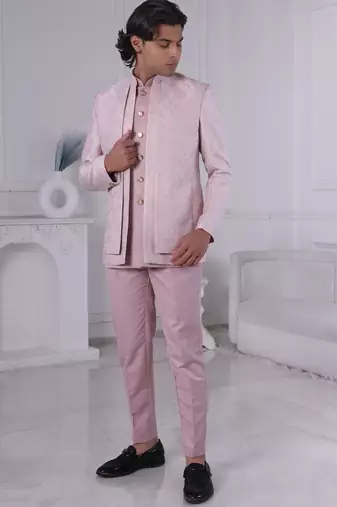 Pink jacquard embroidered indo western for mens