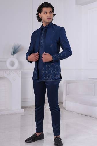 Blue silk embroidered indo western for mens