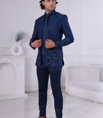 Blue silk embroidered indo western for mens