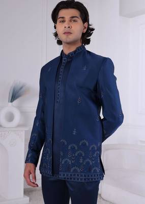 Blue silk embroidered indo western for mens 2