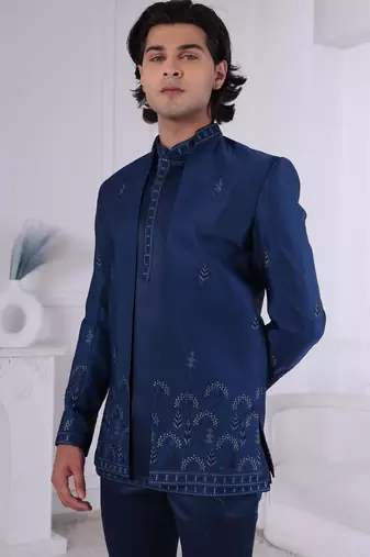 Blue silk embroidered indo western for mens