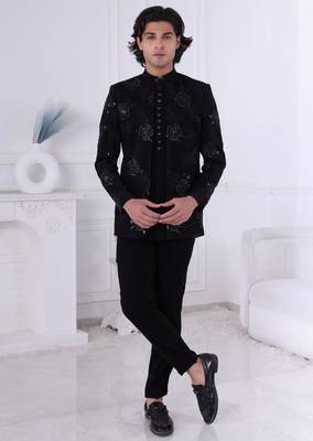 Black velet embroidered indo western for mens 1