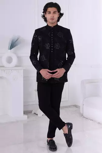 Black velet embroidered indo western for mens