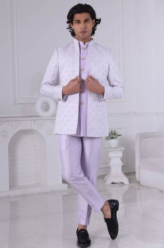 Purple jacquard embroidered indo western for mens